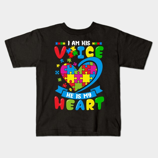 I Am His Voice He Is My Heart Autism Awareness Kids T-Shirt by peskyrubeus